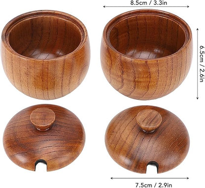 Yosoo Health Gear Wood Salt Bowl 2pcs Wood Salt and Bowl with Lids and Spoons, Multifunctional Salt Jar with Lid Spoon for Sugar Condiment 3.3x2.6in Cellar and Storage Box