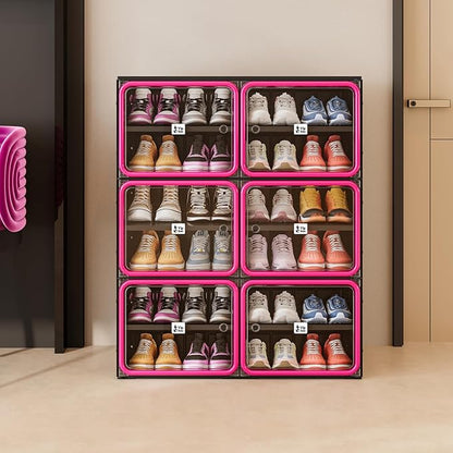 Vipbox No Assembly 6 Tier Collapsible Shoe Rack, 24 Pairs Foldable Shoe Storage Cabinet with Doors, Large Shoe Organizer for Closet, Black & Rose Red