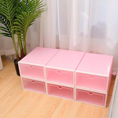 6pcs Thick Shoes Storage Box Plastic Shoe Container Stackable with White Frame Pink for Men Closet Organization