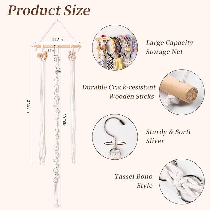 Macrame Hair Claw Clip Organizer with Rotating Hook & 20 Metal Rings, Bohemian Style Hanging Hair Clip Holder for Women Girls, Wall Door Closet Storage & Decorative Claw Clips Hanger (Three belts)