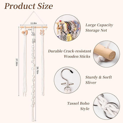 Macrame Hair Claw Clip Organizer with Rotating Hook & 20 Metal Rings, Bohemian Style Hanging Hair Clip Holder for Women Girls, Wall Door Closet Storage & Decorative Claw Clips Hanger (Three belts)