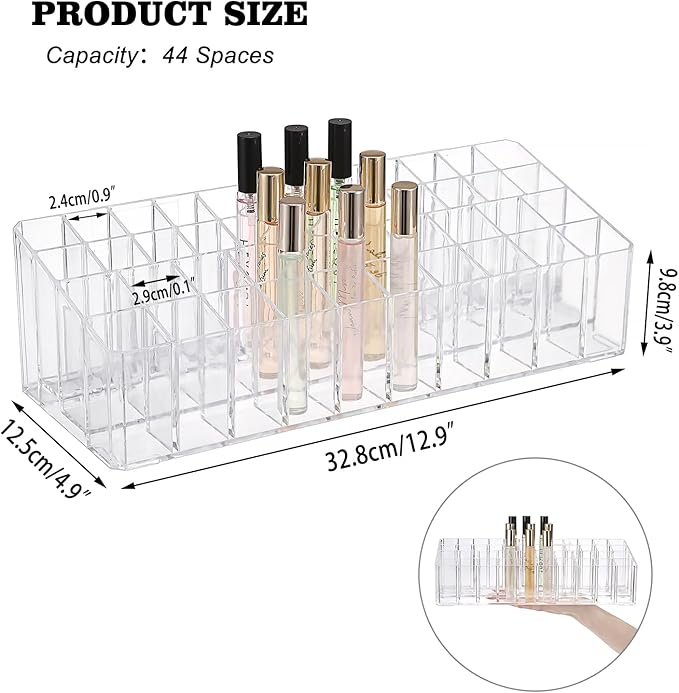ELLDOO Rollerball Perfume Organizer, 44 Spaces Clear Acrylic Perfume Storage Holder Beauty Scent Holder, Essential Oil Storage Holder Organizer, Makeup Lipgloss Lipstick Display Case
