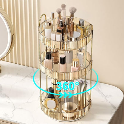360° Rotating Makeup Organizer, Large-Capacity Skincare Make Up Storage 3 Tier Perfume Organizers Cosmetic Dresser Organizer with Makeup Brush Holder, Fits Bedroom, Bathroom, Vanity Shelf Countertop