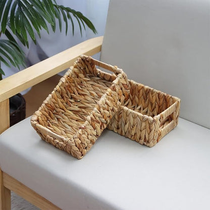YAHUAN Woven Water Hyacinth Baskets for Organizing, Rectangular Wicker Baskets with Built-in Handles, Small Storage Baskets for Shelves (Water Hyacinth 2-Pack)