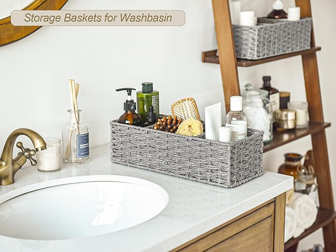 StorageWorks 3-Section Wicker Baskets for Shelves, Hand-Woven Round Paper Rope Storage Baskets, Gray, 2-Pack
