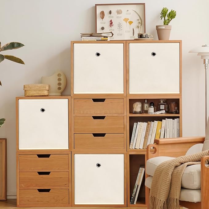Foldable Storage Cubes Bins ,11 Inch Cloth Storage Cube Fabric Storage Box Cubes Organizer Baskets with Dual Handles for Home Organizer Set of 10 (Creamy-White)