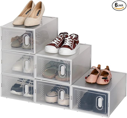 6 Pack Large Shoe Storage Box,Space Saving Sneaker Shoe Rack Containers Bins,Clear Plastic Stackable Shoe Storage Boxes,Shoe Display Case,with Magnetic Door,for Bedroom, Entryway, Closet (White)
