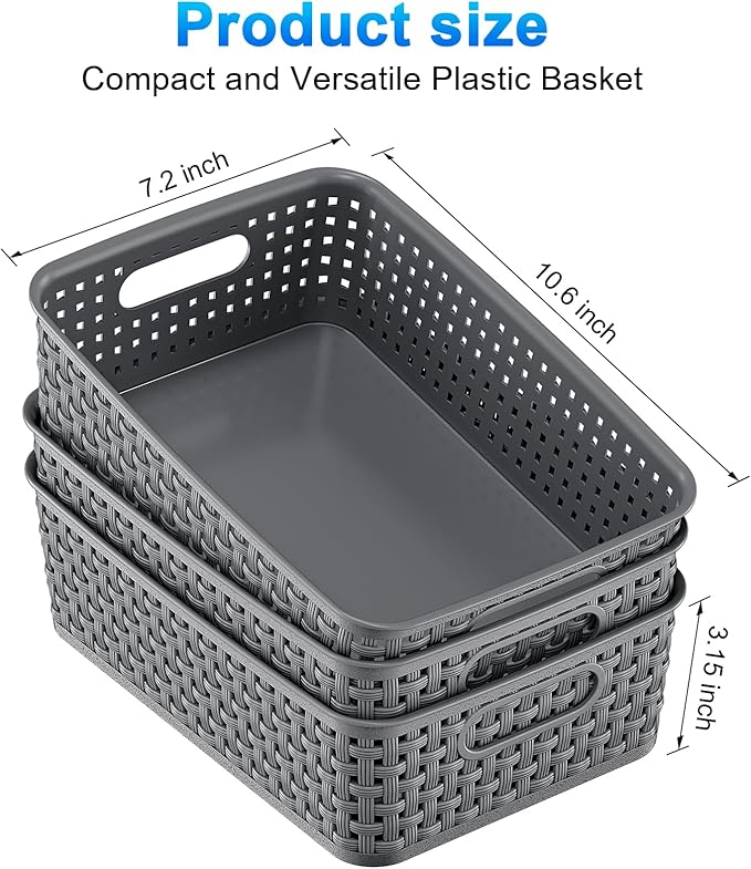 6 Pack Plastic Storage Baskets, Small Baskets for Organizing, Plastic Storage Bins Wicker Pantry Organizer Bins Household Toys for Laundry Room, Bedrooms, Kitchens, Cabinets, Countertops