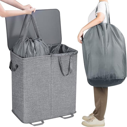Lifewit Double Laundry Hamper with Lid and Removable Laundry Bags, Large Collapsible 2 Dividers Dirty Clothes Basket with Handles for Bedroom, Laundry Room, Closet, Bathroom, College, 136L Gray