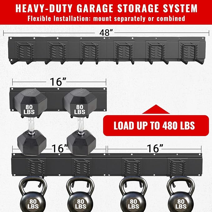 Garage Tool Organizer Wall Mount, Easy to 48inch Install Heavy-Duty Garage Storage System with 6 Adjustable Straight Hooks, Garden Tool Rack for Shovels, Rakes, Yard Tools