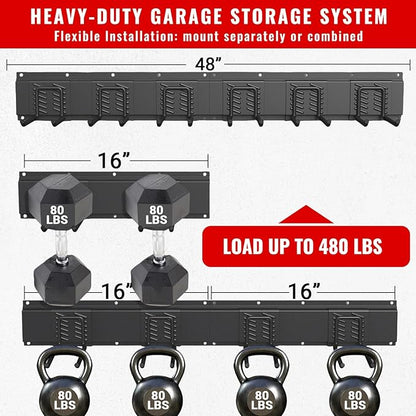 Garage Tool Organizer Wall Mount, Easy to 48inch Install Heavy-Duty Garage Storage System with 6 Adjustable Straight Hooks, Garden Tool Rack for Shovels, Rakes, Yard Tools