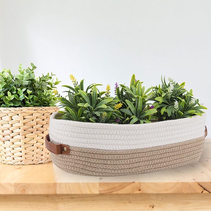 Cotton Rope Bathroom Decor Basket,Toilet Paper Holder Basket,Farmhouse Home Decor Organizing Baskets 13"x5.9"x4" Brown Stitching White