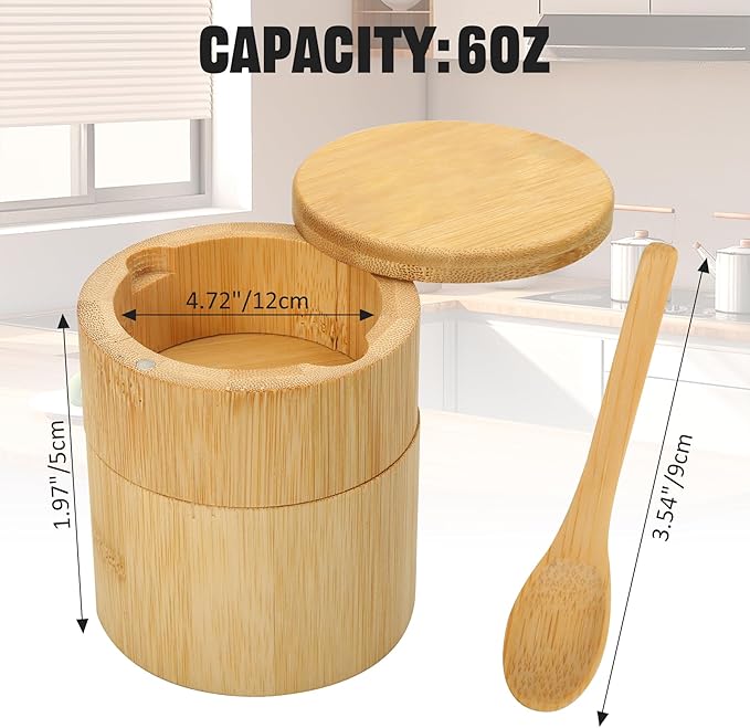 Salt Cellar - Salt Container Holder with Swivel Magnetic, 2 Tier Bamboo Kitchen Salt Cellar with Lid and Spoon Holder, Wood Bowl Box, Salt and Pepper Bowls with Swivel Lid to Storage, 10OZ