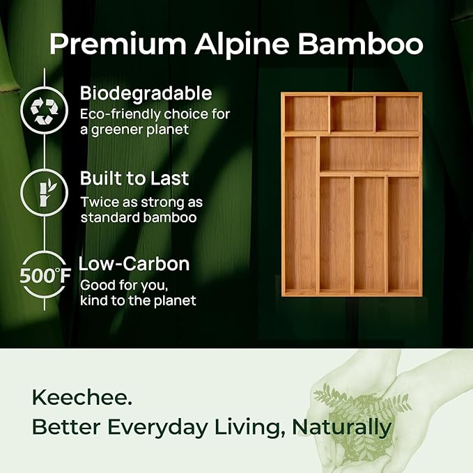 Carbonized Bamboo Kitchen Drawer Organizer, 8 Slots Silverware Organizer, Utensil Holder & Cutlery Tray, 2.2" Deep for Extra Capacity, Non-Slip Feet Included