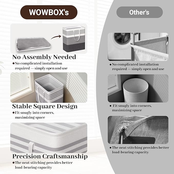 WOWBOX 2 Pack Laundry Hampers Baskets, Freestanding Dirty Clothes Hampers with Reinforced Handles & Cross Stitch & Waterproof Coating, for Laundry Bedroom Bathroom, 2 x 100L
