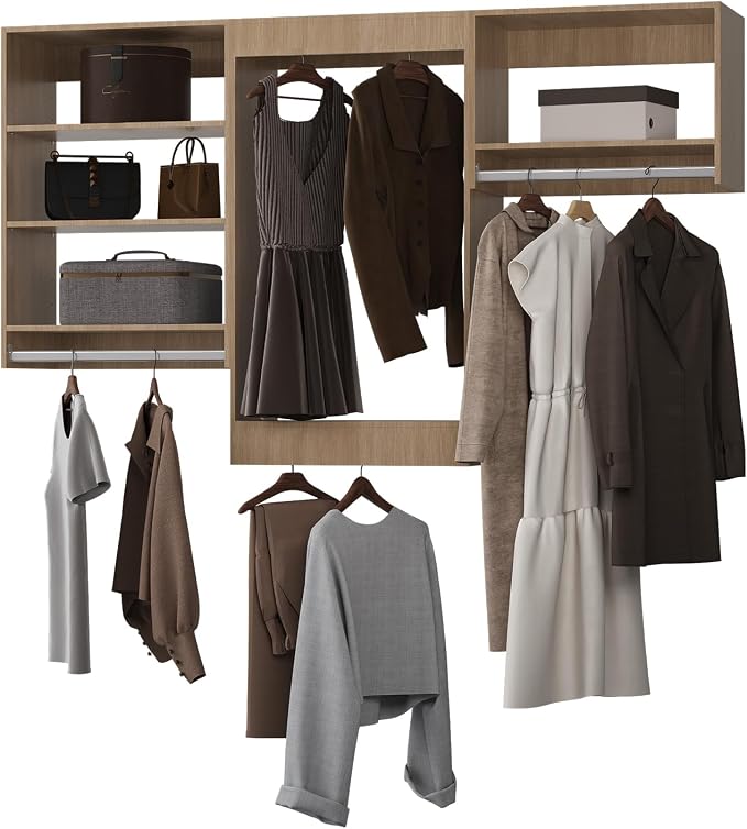 Modular Closet System, 60" Wide Organizer With Hanging Shelving, Wood Tower Storage for Walk-In Closets, Wall Mounted Wardrobe Kit, Bedroom