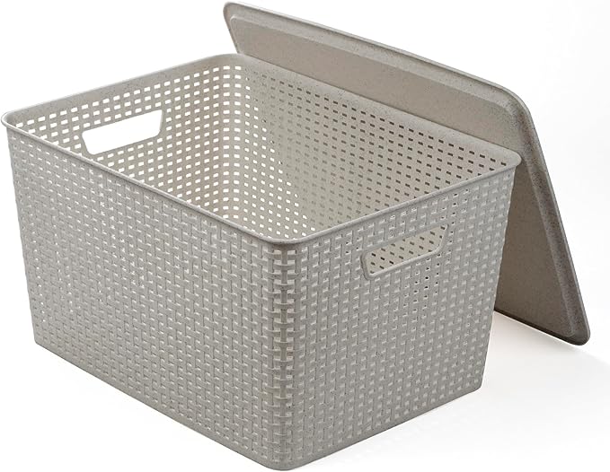BINO | Plastic Storage Baskets with Lids, 33 Liter - 3 Pack, Natural Grey | THE WOVEN COLLECTION | Storage Basket for Shelves | Woven Storage Baskets for Organizing Bins | Pantry Shelf Organizer Bin
