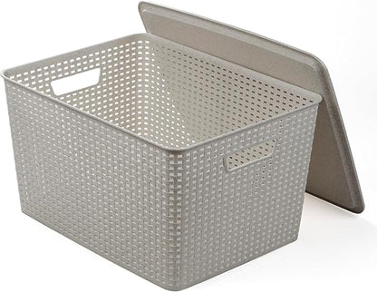 BINO | Plastic Storage Baskets with Lids, 33 Liter - 3 Pack, Natural Grey | THE WOVEN COLLECTION | Storage Basket for Shelves | Woven Storage Baskets for Organizing Bins | Pantry Shelf Organizer Bin