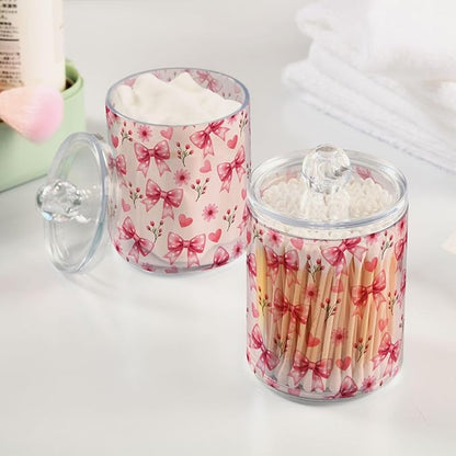 ALAZA 2pcs Pink Bow and Pink Flowers Pattern Qtip Holder Dispenser 14 oz Bathroom Storage Clear Apothecary Jars Containers Cotton Ball,Cotton Rounds,Floss Picks, Hair Clips, Food