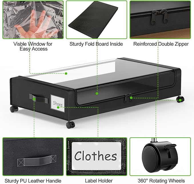 Molutsody Under Bed Storage with Wheels, 4-Pack Underbed Storage Containers with Clear Lids, Under Bed Shoe Storage Organizer, Rolling Under Bed Storage for Clothes Shoes Blankets (Black)