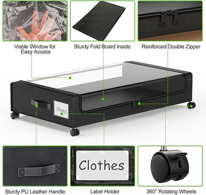 Molutsody Under Bed Storage with Wheels, 4-Pack Underbed Storage Containers with Clear Lids, Under Bed Shoe Storage Organizer, Rolling Under Bed Storage for Clothes Shoes Blankets (Black)