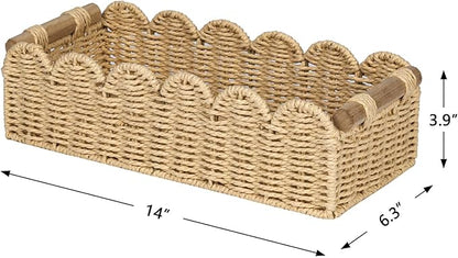 CubesLand Bathroom Basket Organizer, Toilet Tank Paper Storage Baskets 2-Pack, Scalloped Decorative Basket for Countertop w/Handle, Wicker Basket for Bathroom Decor, Home Decor, Living Room, Beige