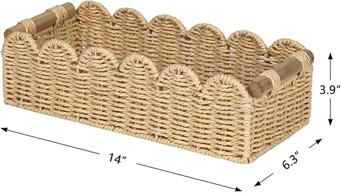 CubesLand Scalloped Edge Toilet Paper Storage Basket, Living Room Home Cozy Decor Basket, Paper Rope Small Baskets for Over Toilet Storage Shelf, End Table, Shelves, with 2 Wooden Handles, Beige