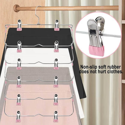 Skirt Pants Hangers with Clips,6Tier Skirt Hangers Space Saving,Metal Multi Pants Hangers and Storage Multi Clothes Shorts Hanger Organization,Space Saving Hangers with Clips (Pink, 4-Piece Set)