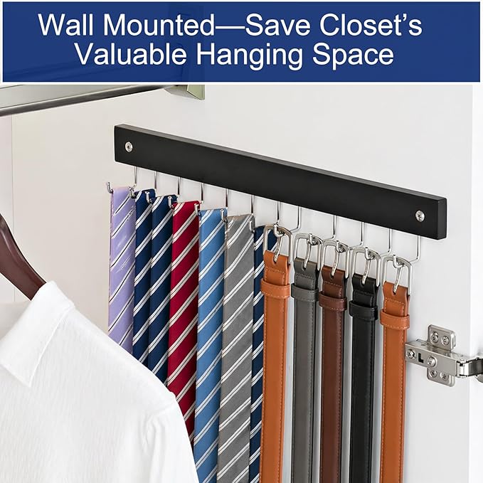 2 Pack Belt Hanger Wall Mount, Large Capacity Tie and Belt Organizer for Wall with 24 180°Rotating Non Slip Hooks, Heavy-Duty Wooden Tie Rack Space Saving Closet Organizers and Storage, Black