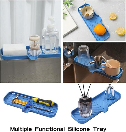 MicoYang Silicone Bathroom Soap Dishes with Drain Spout-Bathroom and Kitchen Sink Organizer,Sponge Holder,Dish Soap Tray,Perfect for Dispenser,Scrubber,Bottle,Cup on Sink or Counter-Lichen Blue 12"×4"