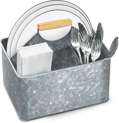 Plexon Metal Utensil Caddy With Handle - Farmhouse Rustic Kitchen Utensil Holder for Party Picnic Table Garden - Tool Cutlery Flatware Silverware Caddy Organizer Storage, Silver