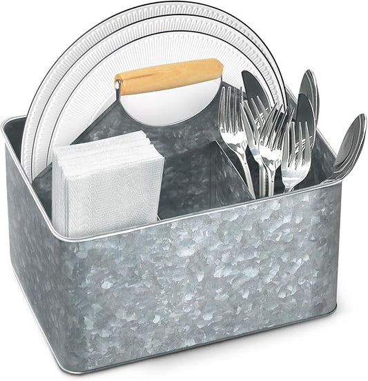 Plexon Metal Utensil Caddy With Handle - Farmhouse Rustic Kitchen Utensil Holder for Party Picnic Table Garden - Tool Cutlery Flatware Silverware Caddy Organizer Storage, Silver