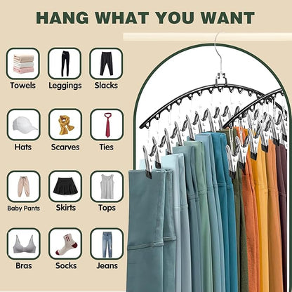 2 PCS Leggings Organizer for Closet Hanging, 360° Swivel Hook Trouser Hangers with 30 Clips Holds 30pcs Shorts/Skirts/Hats, Space Saving Pants Hangers, Closet Organizers and Storage