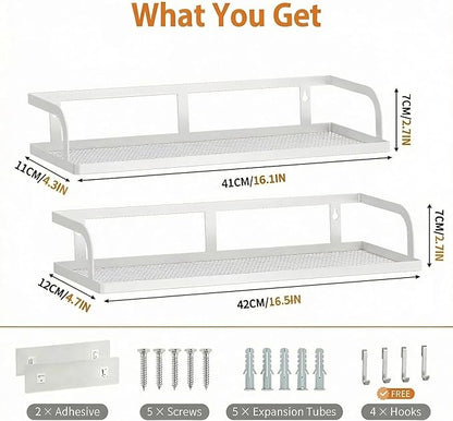 PUSDON 2-Pack 16.5" Extra Long Slim Hollowout Shower Caddy, Wall Mount Spice Rack & Bathroom Organizer, Mesh Bottom Cabinet Door Shelf Holds 50LBS - White, Hollowout