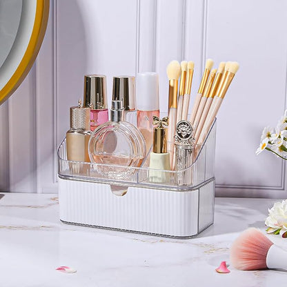 DASITON Makeup Organizer with Drawers, 2 Tier Stackable Organizer for Cosmetics, Skincare, Lipsticks, Makeup Brush, Acrylic Small Makeup Organizers for Vanity Bathroom Countertop Desk Storage (White)