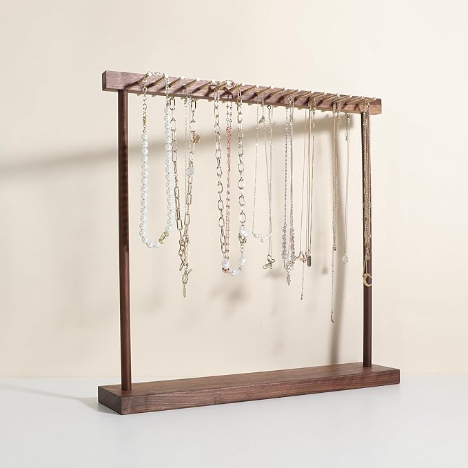 Large necklace hanger shelf with 17 copper bars, Wooden jewelry storage organizer rack for hanger necklace bracelet, necklace display stand for boutique store【Walnut】