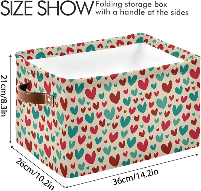 Bolaz Large Storage Basket Vintage Teal Red Cute Hearts Foldable Storage Box Organizer Bins with Handles for Bedroom Home Office