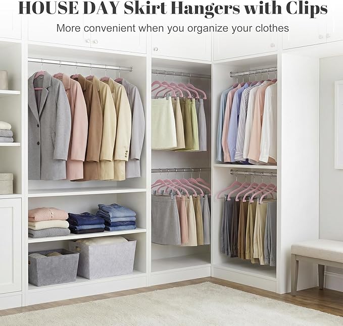 HOUSE DAY Velvet Skirt Hangers - Pink Velvet with Adjustable Clips, Space Saving, Slim, Heavy Duty and Non Slip for Pants, Skirts, Shorts - 24 Pack