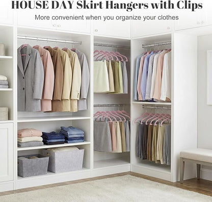 HOUSE DAY Velvet Skirt Hangers - Pink Velvet with Adjustable Clips, Space Saving, Slim, Heavy Duty and Non Slip for Pants, Skirts, Shorts - 24 Pack