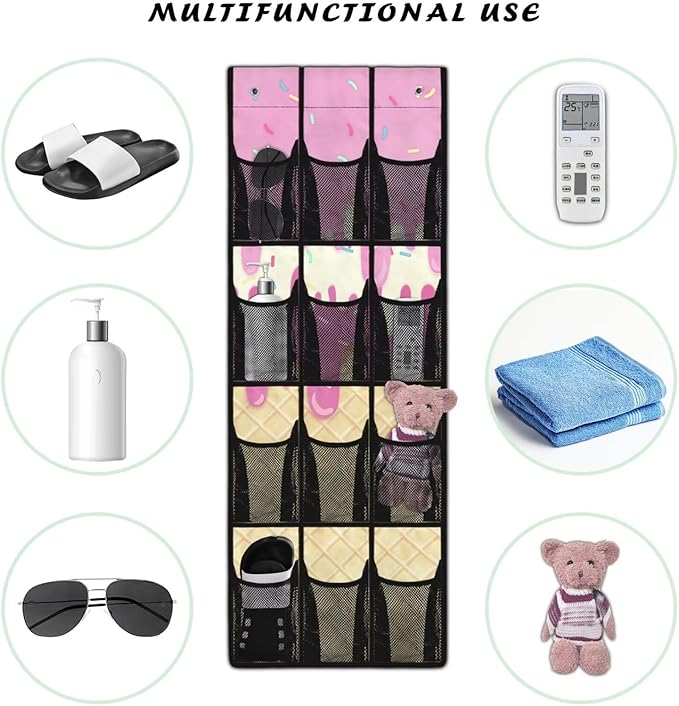 Ice Cream Over the Door Hanging Organizer for Closet - Heavy Duty Large Storage Bags with Metal Hooks, Space Saving Home Organization