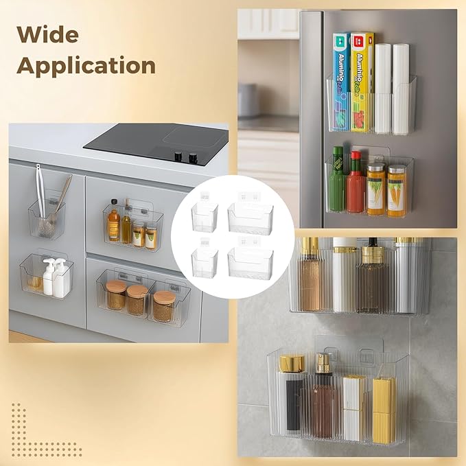 4 PCS Cabinet Door Organizer Bins, Clear Plastic Hanging Storage Baskets with Adhesive Hooks, Wall Mount Organizer for Bathroom, Fridge, Kitchen Pantry, Under Sink Drawer Organizer, Drain Holes
