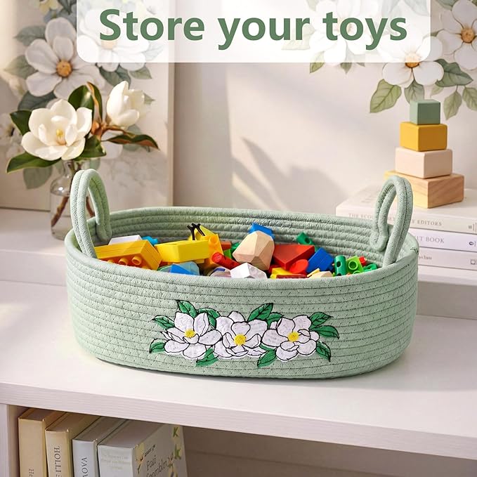 Vesici Magnolia Woven Storage Basket for Toilet Tank Top Boho Cotton Rope Bathroom Countertop Organizer Basket with Handle Green Bathroom Decor for Bedroom Nursery Toys Organizing, 13 x 6 x 4 Inch