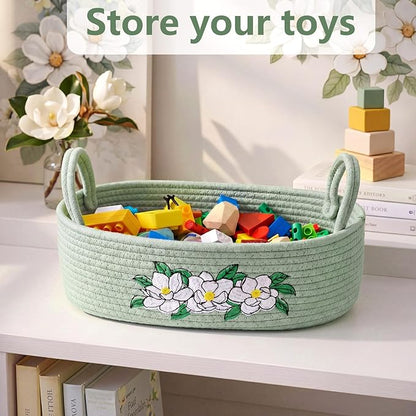 Vesici Magnolia Woven Storage Basket for Toilet Tank Top Boho Cotton Rope Bathroom Countertop Organizer Basket with Handle Green Bathroom Decor for Bedroom Nursery Toys Organizing, 13 x 6 x 4 Inch