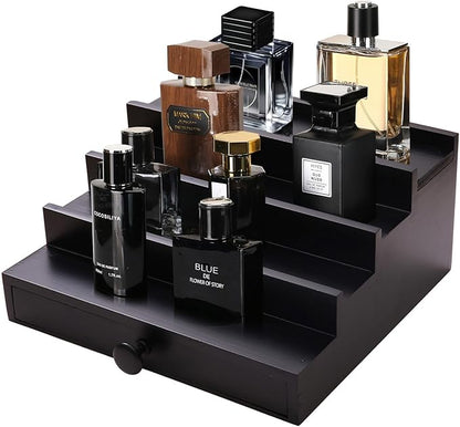 Black Cologne Organizer for Men - 4 Tier Wooden Perfume Display Stand with Drawer and Hidden Compartment for Organizing and Storing, Cologne Holder Shelf for Dresser