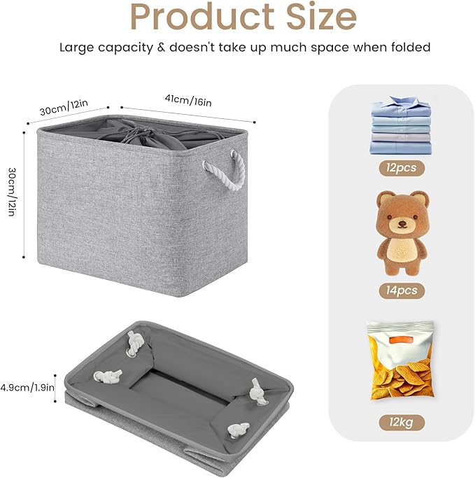Large Storage Baskets- 16x12x12 inch Storage Bins for Shelves and Closet Organizing, Foldable Fabric Bin for Home Organization Clothes and Laundry (3-Pack, Gray)