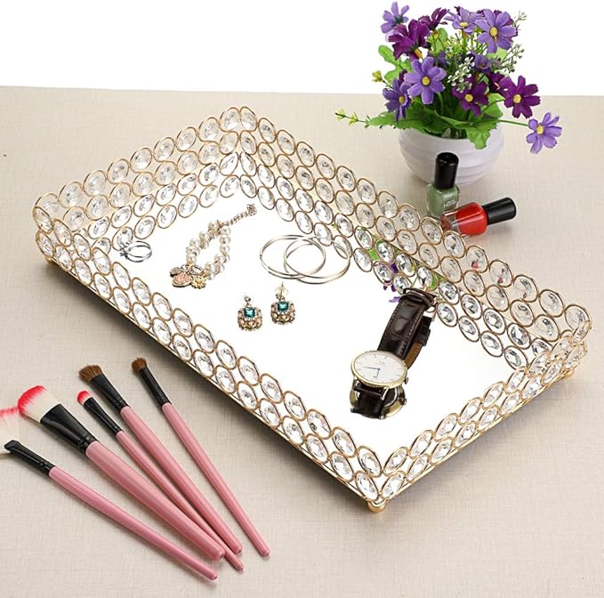Hipiwe Crystal Cosmetic Vanity Tray, Mirrored Decorative Jewelry Organizer Tray for Perfume, Trinket, Makeup Display Dresser Home Decor (Large, Golden)