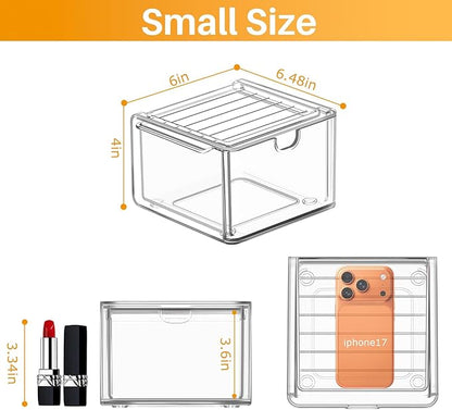 caktraie 6 Pack Small Clear Stackable Acrylic Storage Boxes for Art Tool & Sketch, Stroage Drawers, Makeup Organizer, Plastic Storage Bins For Vanity, Kitchen Cabinets, Pantry, Home Organization