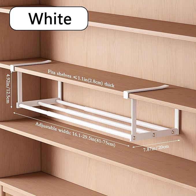 Stainless Steel Expandable Shoe Rack Organizer for Closet – 16 to 30 Inch Adjustable, Retractable Hanging Cabinet Storage Shelf – Space-Saving Storage for Under Shelf, Closet, or Cabinet (White)