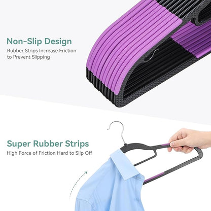Tonswachic Pack of 30 Coat Hangers, Space-Saving Plastic Clothes Hangers, Non-Slip, 0.2 Inches Slim, 360° Swivel Silver Hook for Shirts, Pants, Suit & Wet/Dry Garments, Purple and Black