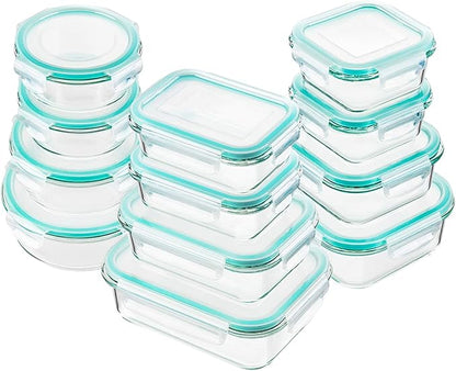 Bayco Glass Food Storage Containers with Lids, [24 Piece] Meal Prep, Airtight Bento Boxes, Leak Proof (12 lids & 12 Containers) - Blue